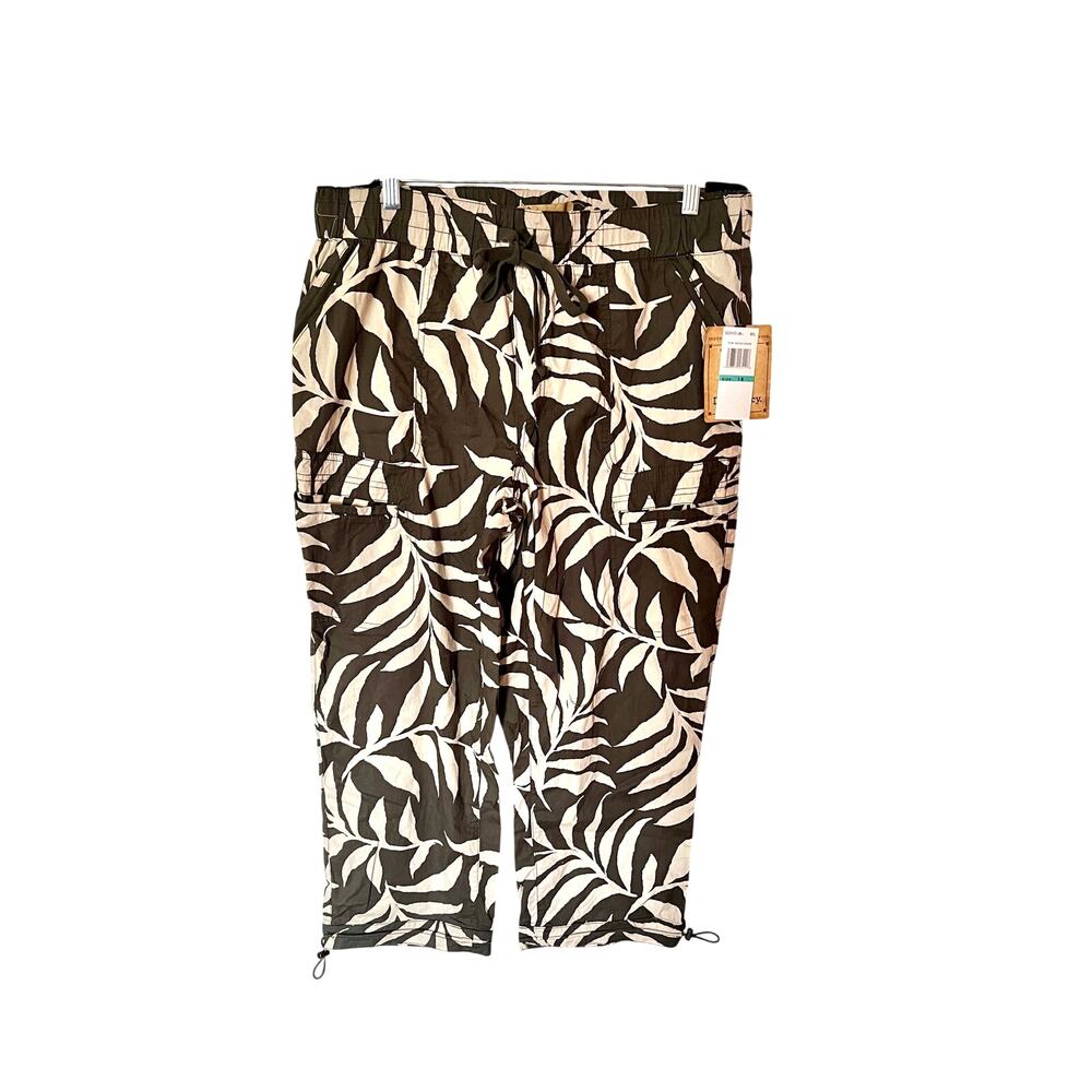 Democracy Tropical Print Cotton Cropped Cargo Pants Brown/Cream SZ 16